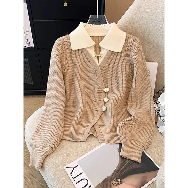 

New 2025 Spring Autumn Sweater Women's Splicing Design Fake Two-Piece Cardigan Knitted Sweater Coat Temperament Top Female