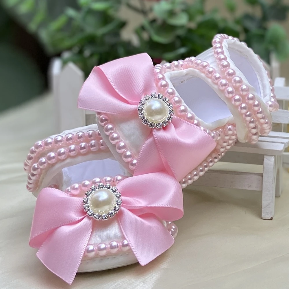 Dollbling Lace Surface Baby Girls Infant Newborn Princess Shoes First Walkers Sparkly Glitter Soft Bow Buckle Toddler Shoes