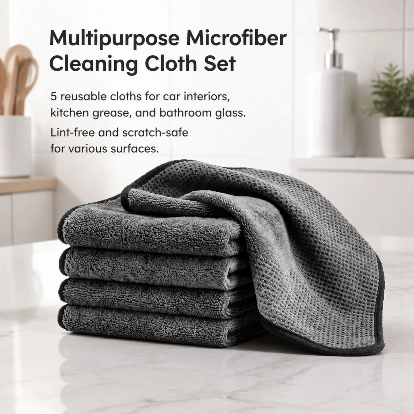 5 Piece Portable Multipurpose Microfiber Cleaning Cloth Set Lint Free Dust And Grease Removal For Home Kitchen Car And Travel