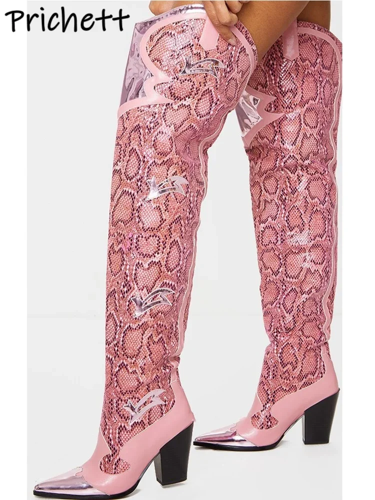 Pink Patchwork Snakeskin Boots Pointy Toe Chunky Heels Leather Over The Knee Boots Sexy Fashion Winter Runway Long Shoes