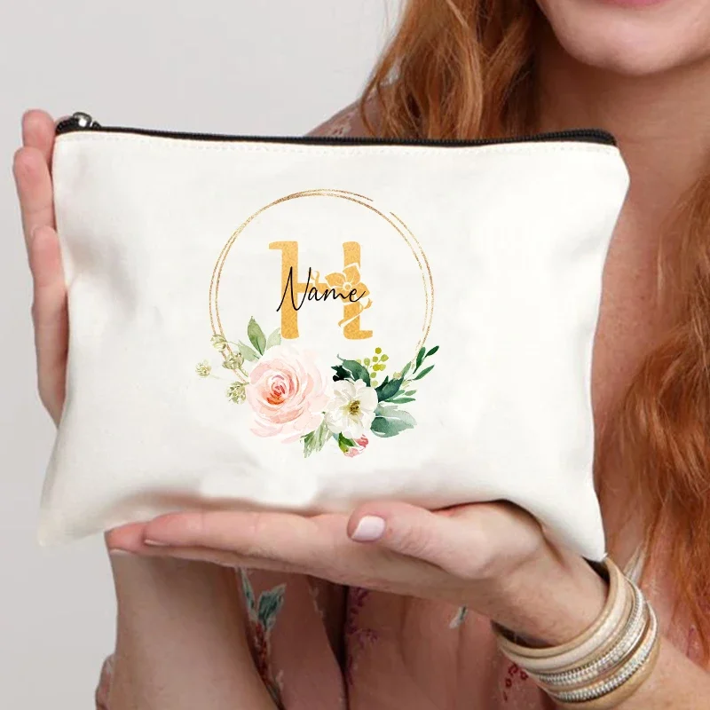 Golden Letter Floral Pattern Bride Bridesmaid Custom Name Makeup Bag Travel Lipstick Storage Bag Thank You Mother Teacher Gift