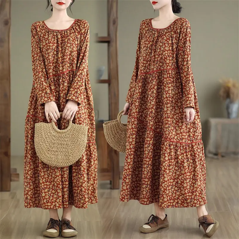 

2024 Autumn New Loose Large Size Retro Corduroy Printed Dress Women's Long Sleeve Round Neck Contrast Casual Dress A051