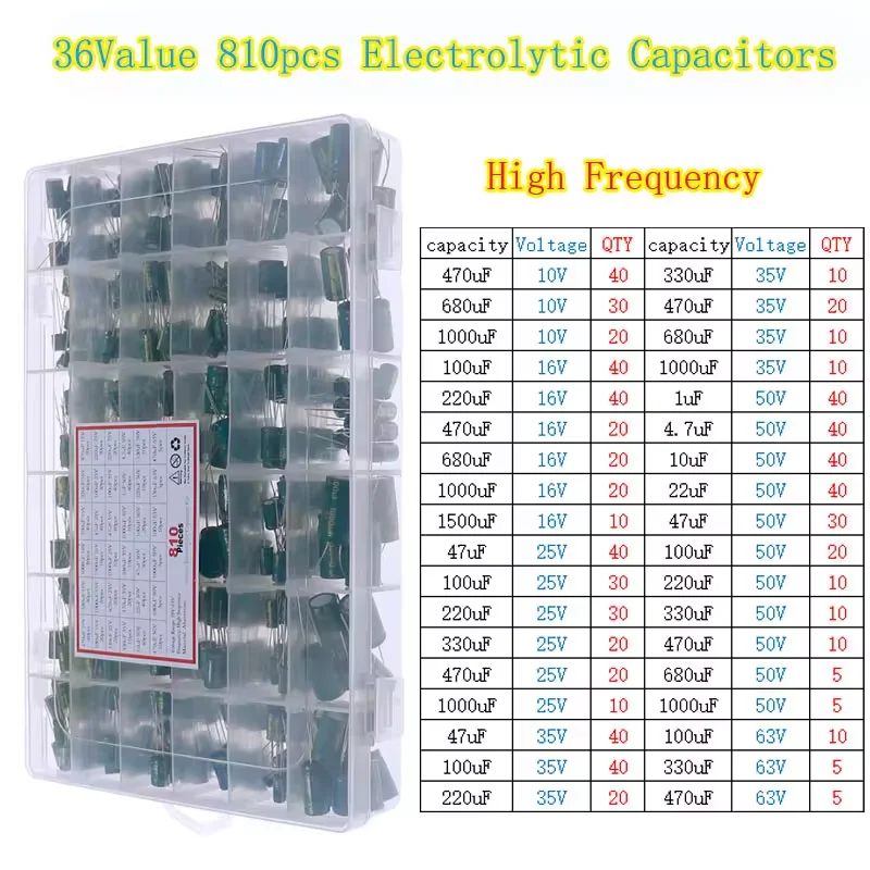 Jogo eletrolítico da variedade dos capacitores, 16V, 25V, 35V, 50V, 1uf, 2,2 uF, 3,3 uF, 4,7 uF, 10uF, 22uF, 33uF, 47uF, 100uF, 220uF, 330uF, 470uF, 1000uF