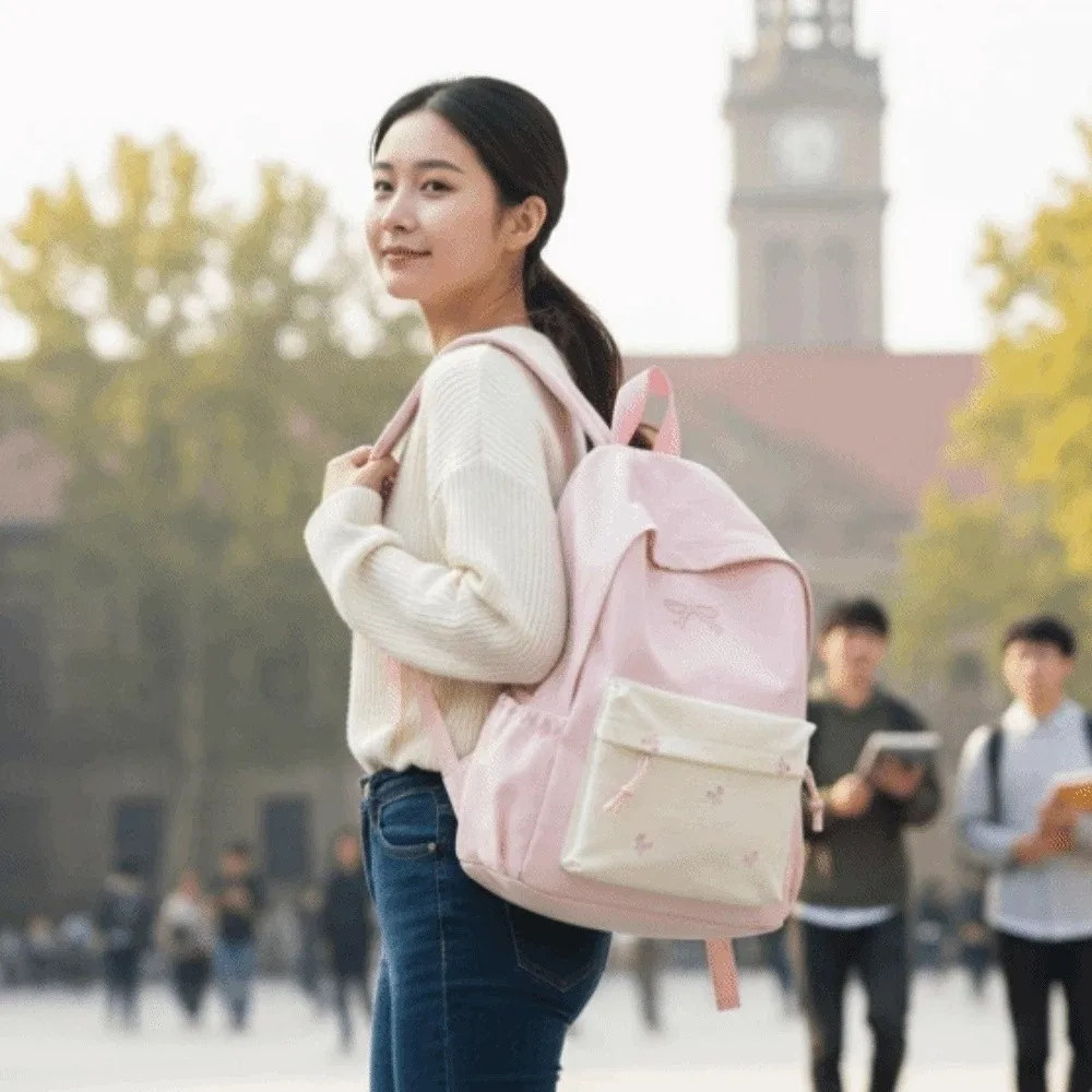 

Daypack Canvas Bow Backpack Embroidered Contrast Color Students School Bag Polyester Casual Large Capacity Backpack Women