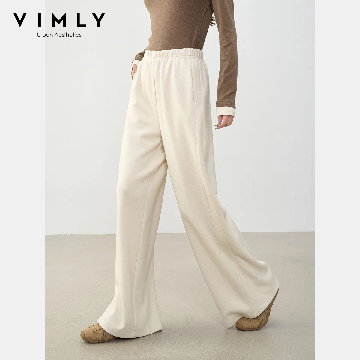 Vimly casual cintura elástica baggy midi calças mulher calças de malha 2025 outono novo soild bolsos soltos senhoras calças compridas a2207