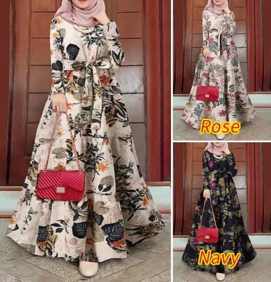 

Новые мусульманские женские платья с цветочным принтом Абая, длинный рукав, круглый вырез, высокая талия, халат с поясом, винтажное длинное платье трапециевидной формы для женщин на Ближнем Востоке