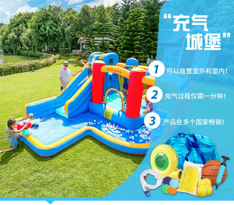 Dmuchany zamek dmuchany dla dzieci Doktor Delfin, zamek do skakania z tkaniny Oxford, dmuchany basen falowy do zabawy w wodzie.