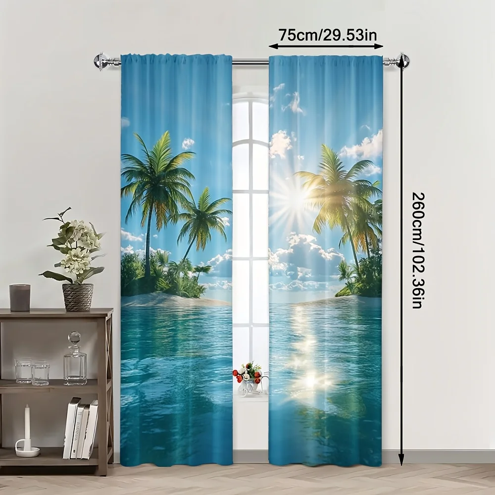 Tropical Paradise Curtains Ocean View Palm Tree Window Drapes Blue Beach Scene Sunlight Filtering Curtains for Living Room Bedro