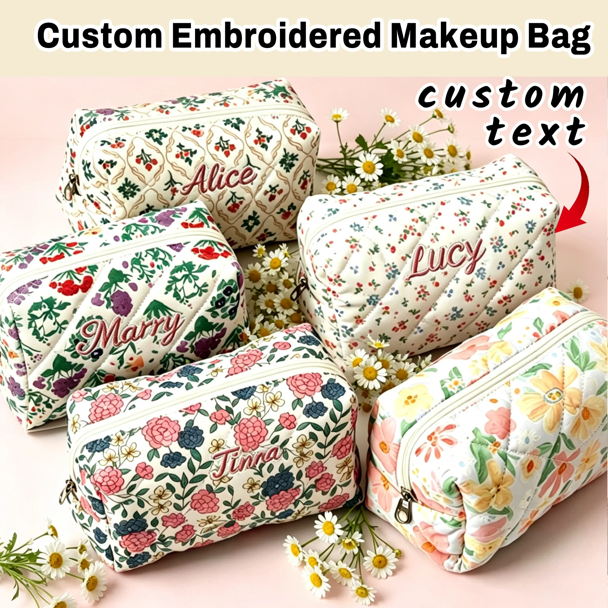 Personalized Embroidered Floral Quilted Cosmetic Bag, Custom Name Quilted Cotton Travel Toiletry Makeup Pouch for Women