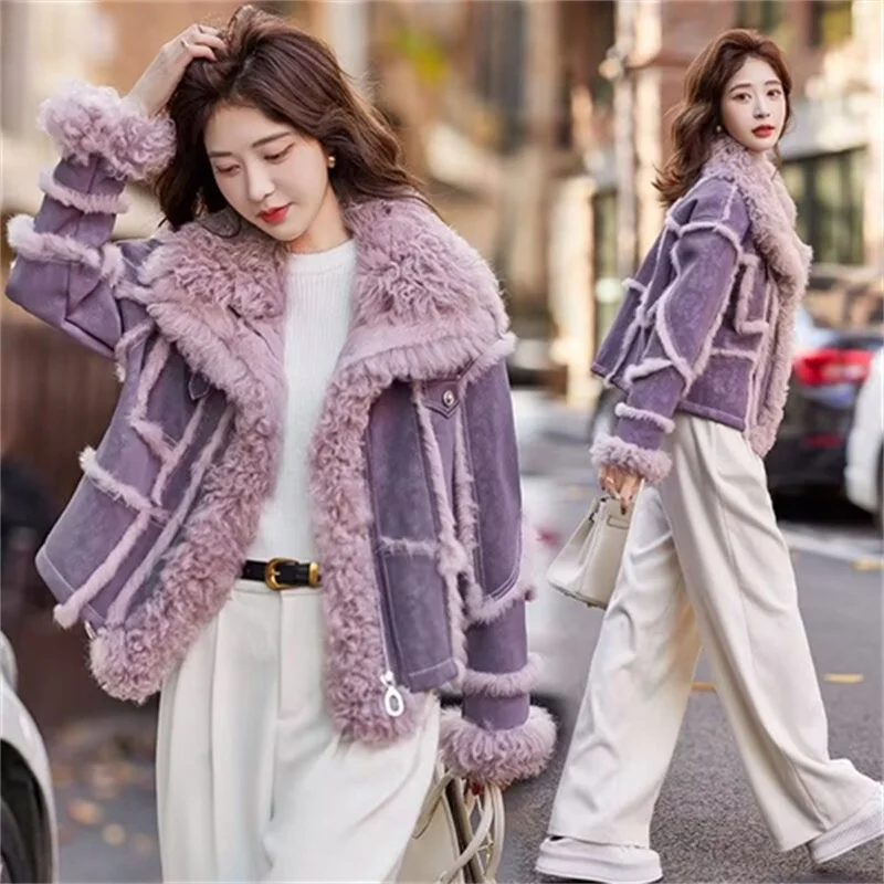 2026 Double-faced Suede Rabbit Fur Coat Women's Wool-neck Short Jacket Autumn Winter Spliced Zip-up Loose Streetwear Outerwear
