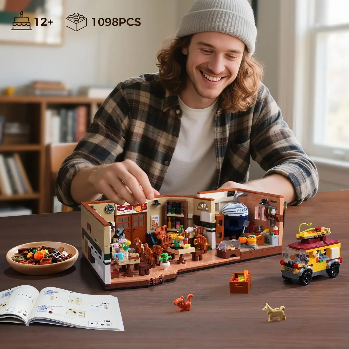 مجموعة بناء مطعم بيتزا ستريت مع منزل LED مع ديكور منزلي ريترو فان هدية مكعبات بناء للبالغين والمراهقين #6