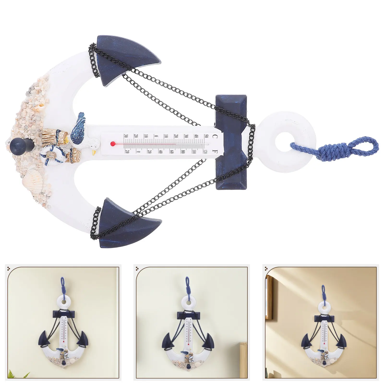 Anchor Shaped Wooden Thermometer with Coat Hook Nautical Wall Decor Mediterranean Theme Bedroom Living Room