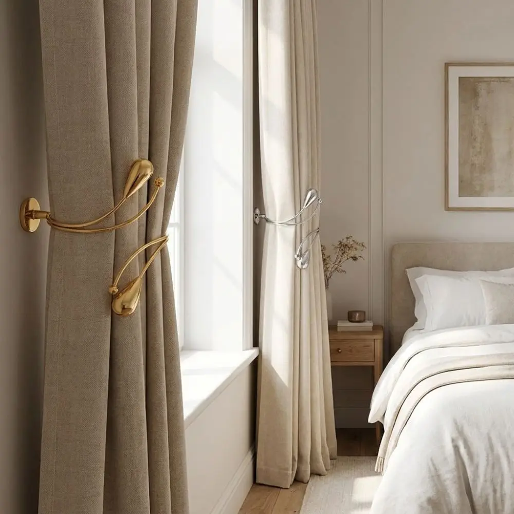 2PCS Adjustable Teardrop Shape Curtain Buckle Belt Burlap Flower Arm Ring Curtain Holdbacks Metal Curtain Holders