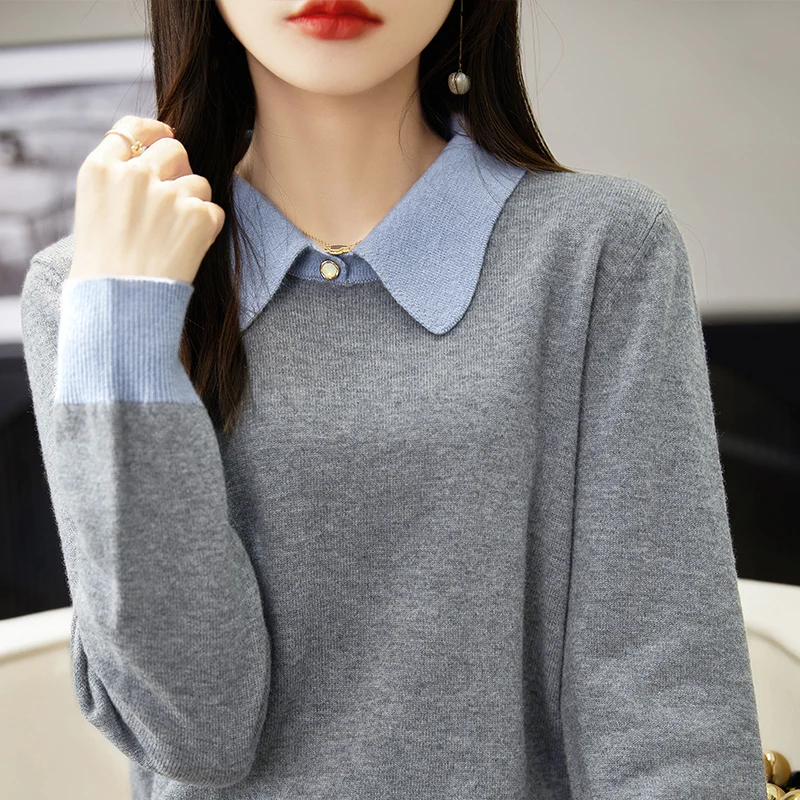 Women 100% Merino Wool Knit Pullovers 2022 Autumn Winter POLO Collar Sweater Female Loose Warm Soft Shirt Long Sleeve Jumper