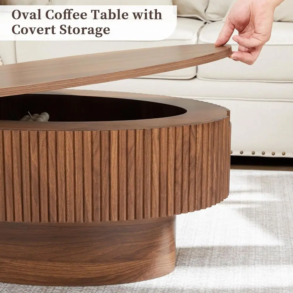Walnut Oval Coffee Table with Concealed Storage, 31.5 Wide, Veneered Accent Table for Small Living Spaces