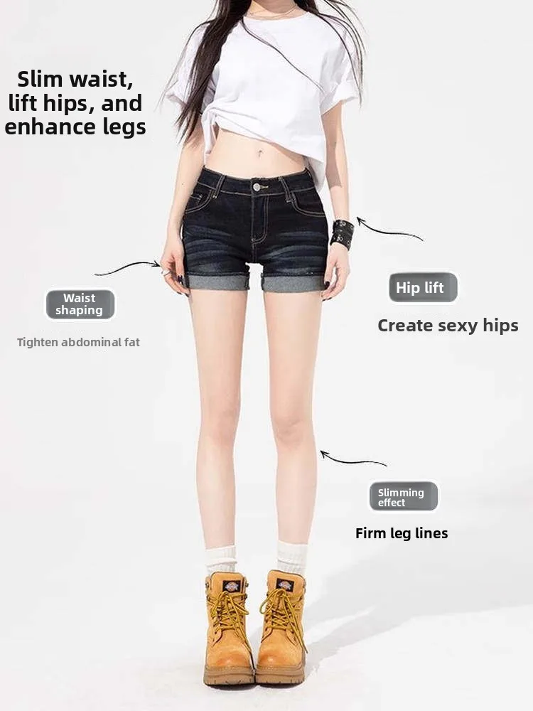 American Style Cuffed Denim Shorts Women Summer Large Size Slimming Low Waist Elastic A-Line Wrap around Hot Pants