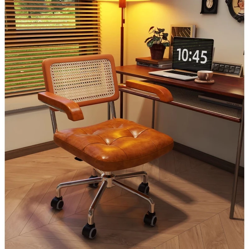 Retro Rotating Chair Rattan Computer Office Seat Japanese Comfortable Storage Desk Chair with Breathable Armrests