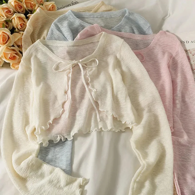 

Женский солнцезащитный кардиган GIDYQ, Элегантная блузка на шнуровке с бантом, короткий топ с длинным рукавом, Корейская тонкая Однотонная рубашка в стиле Харадзюку, новинка на лето