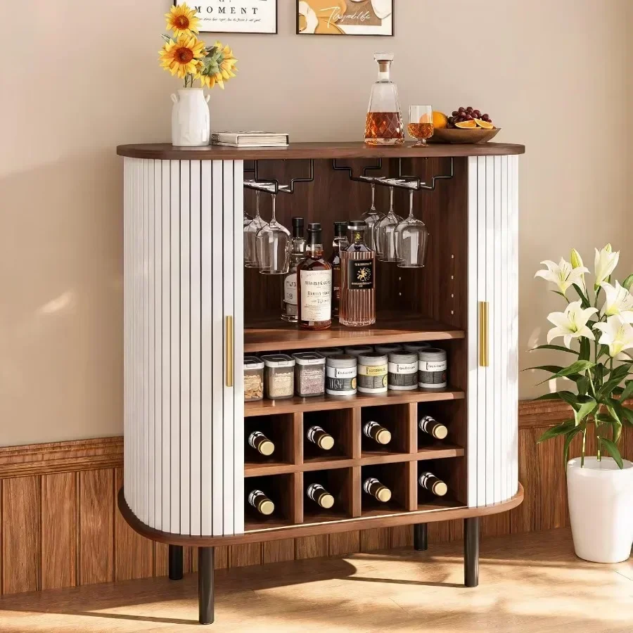 Wine Bar Cabinet with Side Storage, Fluted Liquor and Coffee Bar Cabinet with Wine Rack and Glass Holder, Farmhouse Buffet Side