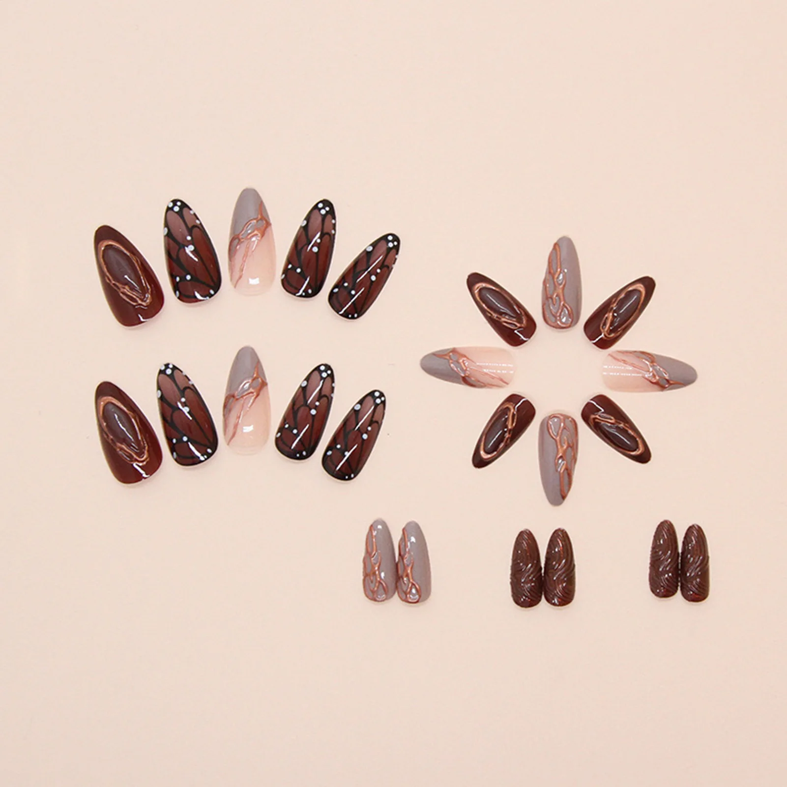 Short Almonds French False Nails Fancy Lines Pattern Charming Press On Nails for Festivals Nail Salon Cosplay