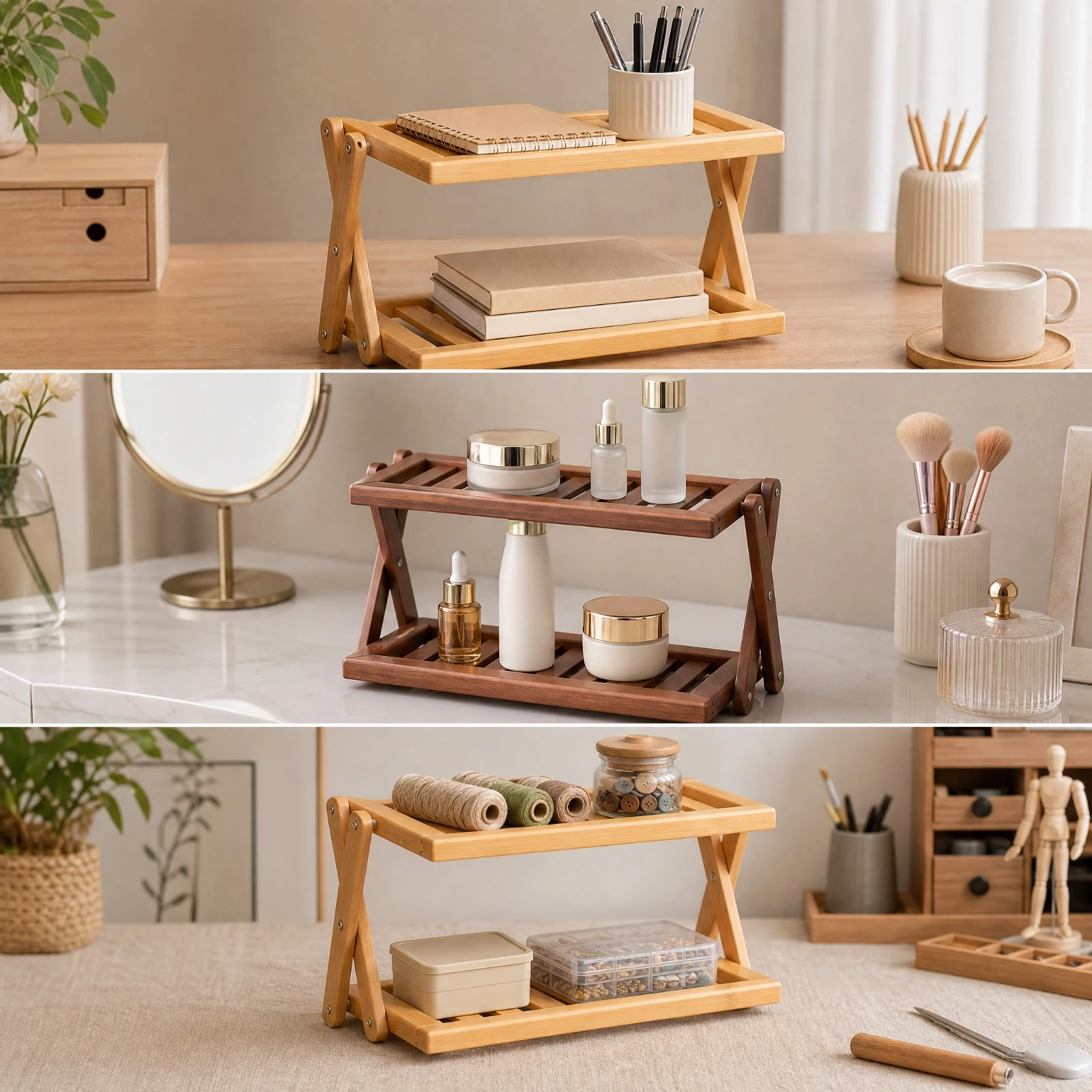 Tabletop Storage Rack with Hinged Side Frames Multipurpose Bamboo Desktop Storage Rack Display Stand Small Space Friendly