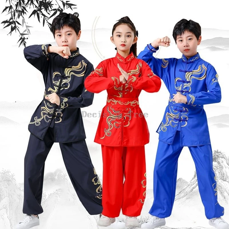 2026 kids' printed long sleeved top pants wushu uniform set children's chinese buckle kungfu set boys' stage performance costume