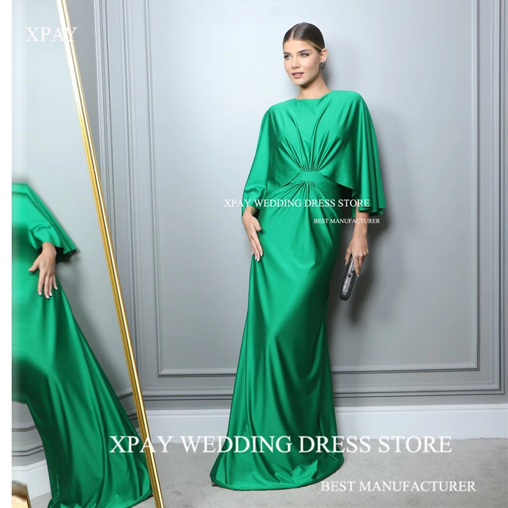 

XPAY Modest Apple Green Mermaid Evening Dresses Long Sleeves O-Neck Puff Long Sleeves Prom Gowns Formal Occasion Party Dress