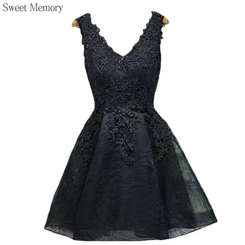 Reject Return A124 Sweet Memory Elegant Short Lace Mesh Prom Dresses Black V-Neck Appliques Beads Graduation Party Dress