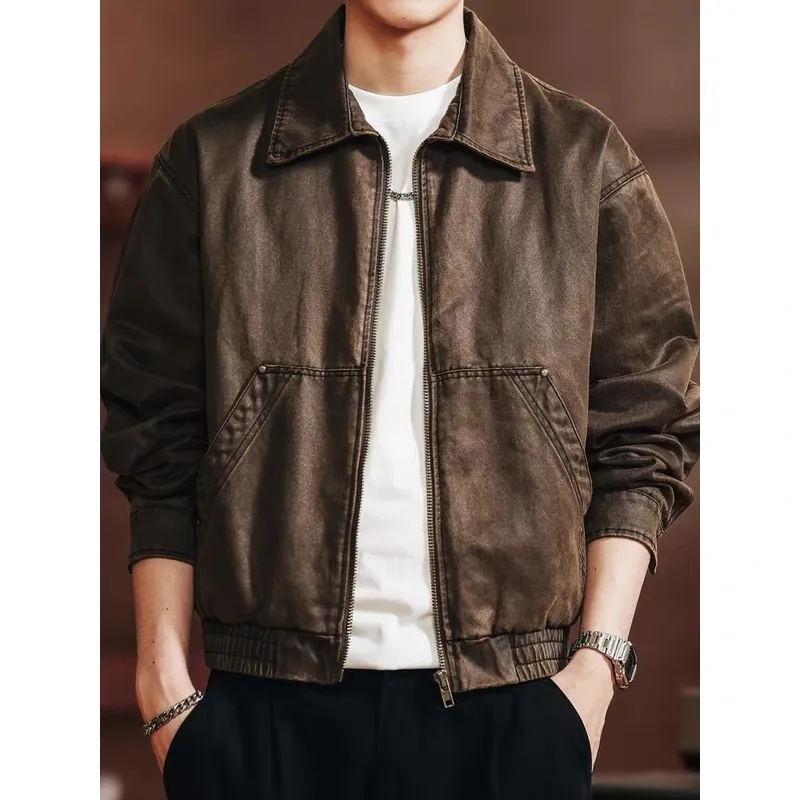 Retro americano Sle ort Jaet hombres otoño nueva ropa de abrigo Casual suelta BaAn aceite cera cuero aspecto Vintage fibra de poliéster