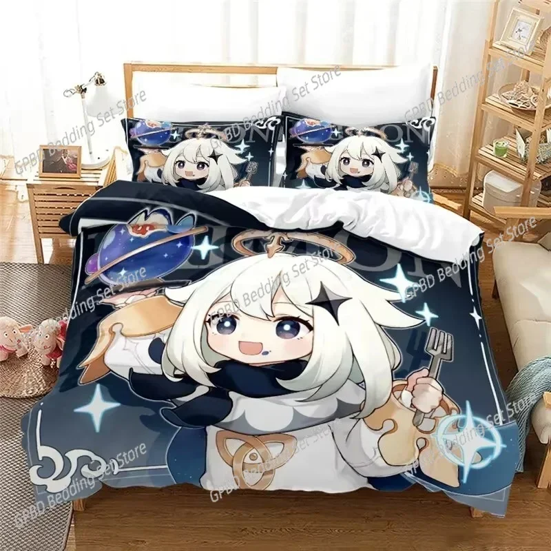 Anime Genshin Impact Paimon 3D Bedding Set Duvet Cover Pillowcases Single Twin Full Queen King Size Home Decor Quilt Boys Gift Q