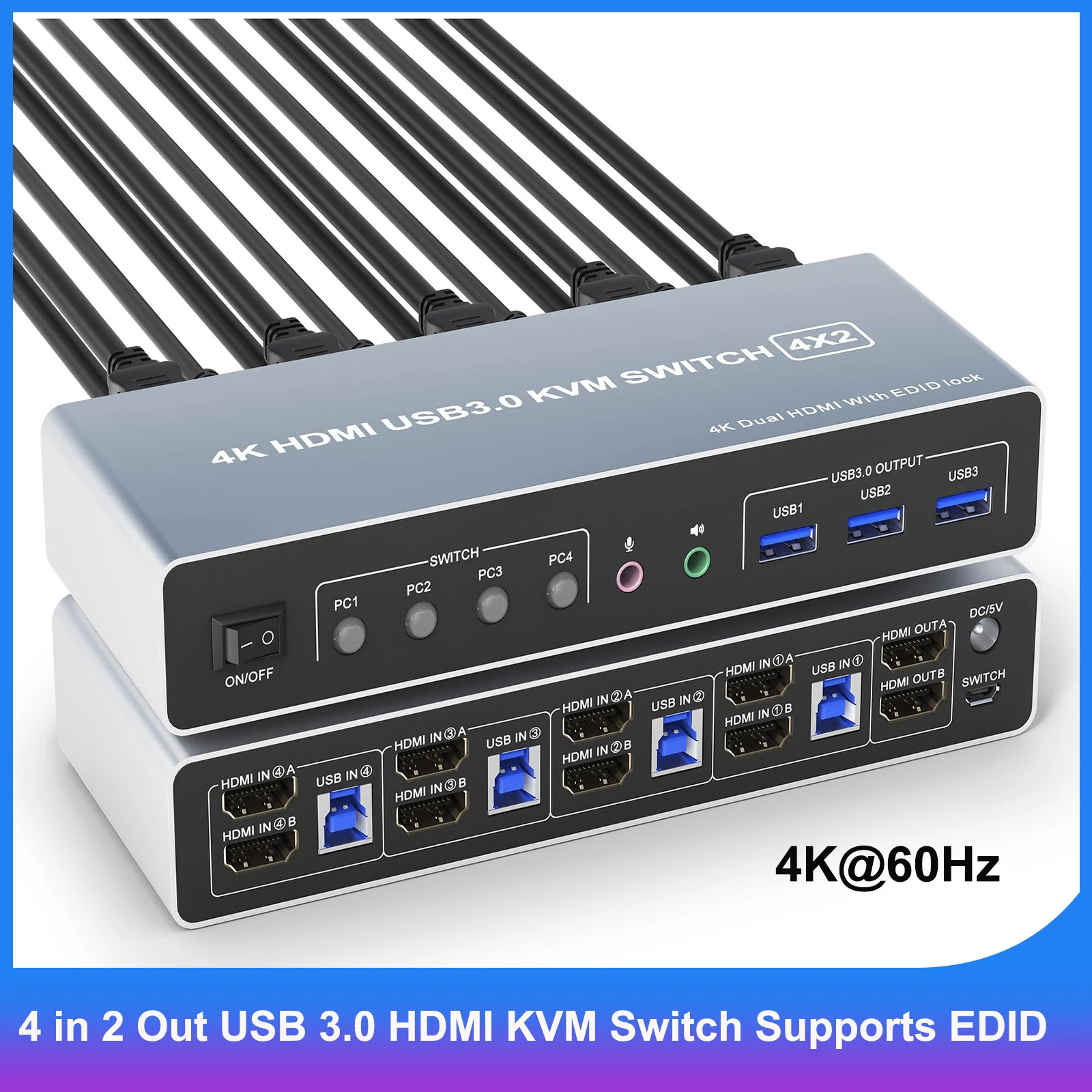 

4K@60Hz 4 Port Dual Monitors KVM Switch Supports EDID Emulators , with Audio Microphone Output and 3 USB 3.0 Ports,4 in 2 Out