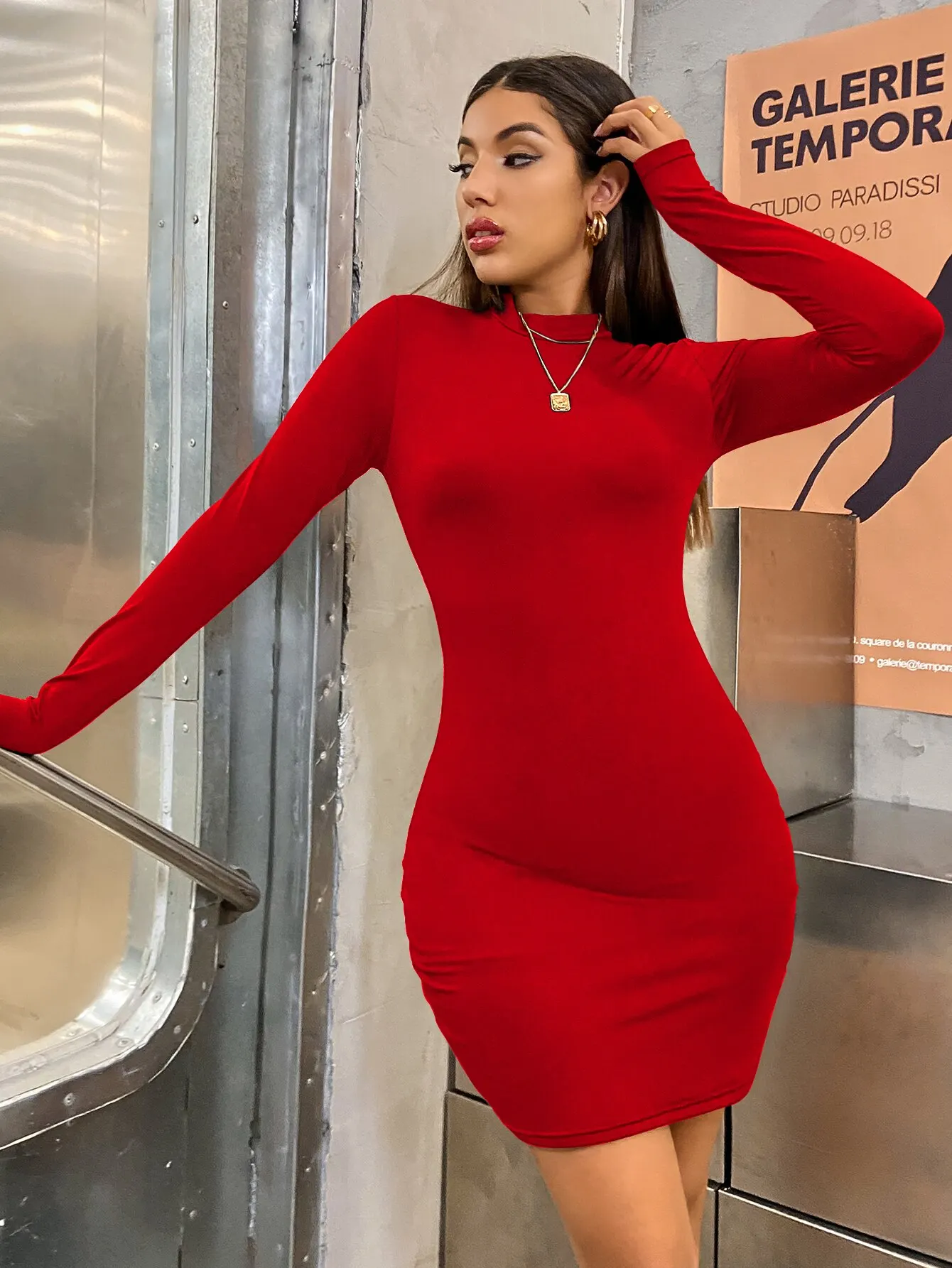 Long Sleeve Slim Bodycon Mini Dress Women Turtleneck Pleated Party Ruched Short Evening Club Outfit Soild Color