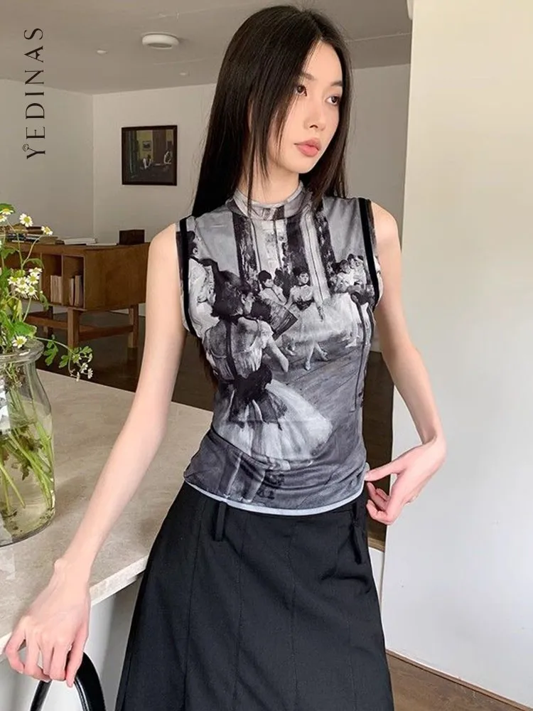 

Yedinas Turtleneck Thin Mesh Tops Sleeveless Tshirts Grunge Aesthetics Print Tank Tops Gothic See Through Summer Tops Y2k Tanks
