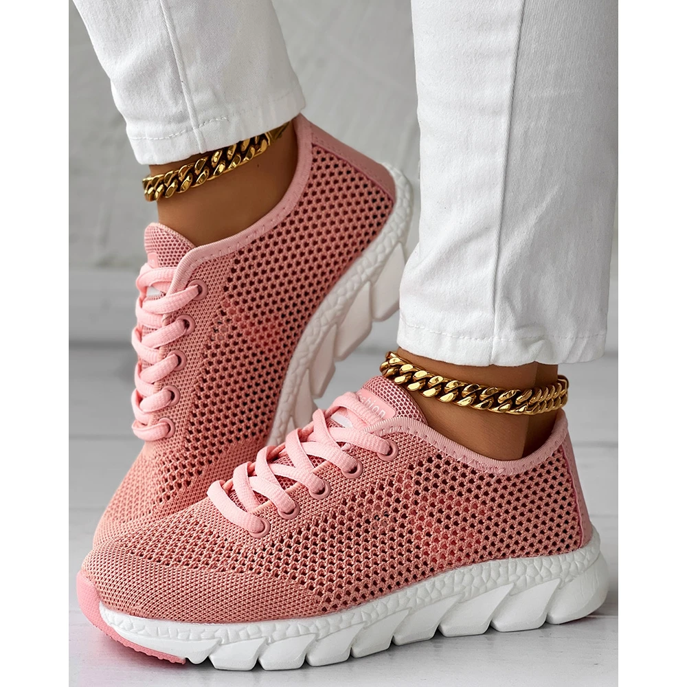 Women Hollow Out Breathable Mesh Lace-up Sneakers Casual Round Toe Flats Pink Sports Shoes Spring Daily Fashion Going Out Shoes