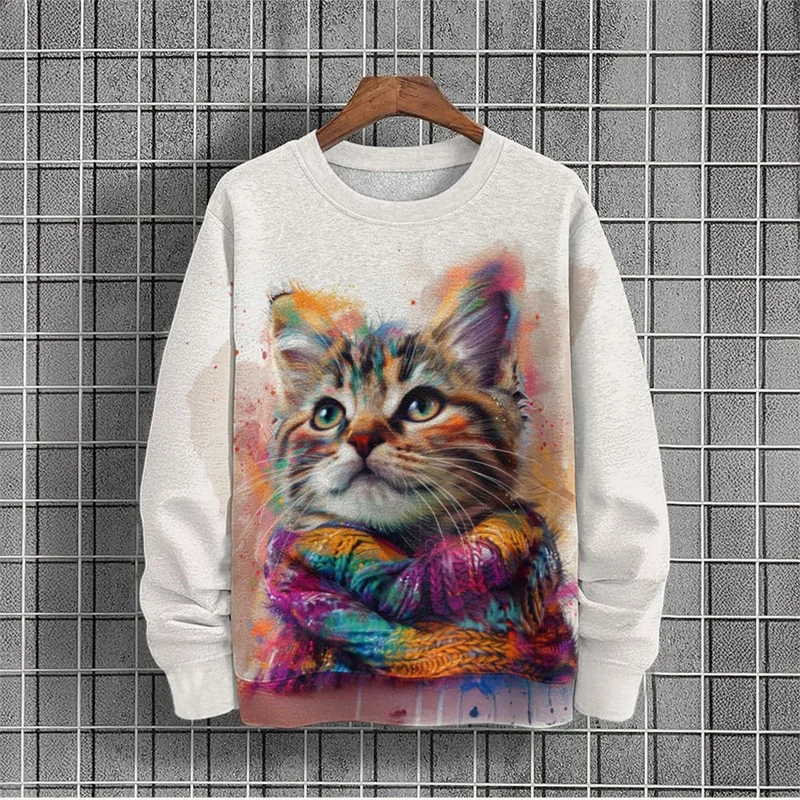 Cartoon cat pattern men's fun animal 3D printed sports shirt autumn long sleeved top pullover round neck