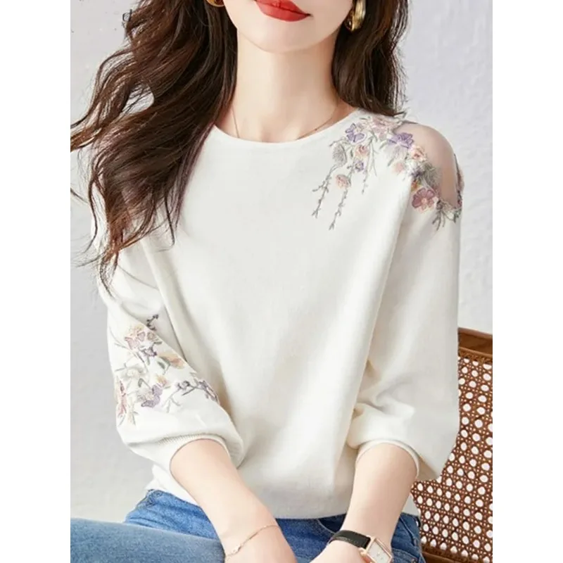 2024 O-Neck Knit Women Swearer Pullovers Summer Flower Embroidery Knitted Sweater Women Pullover Casual Fashion Women Tops