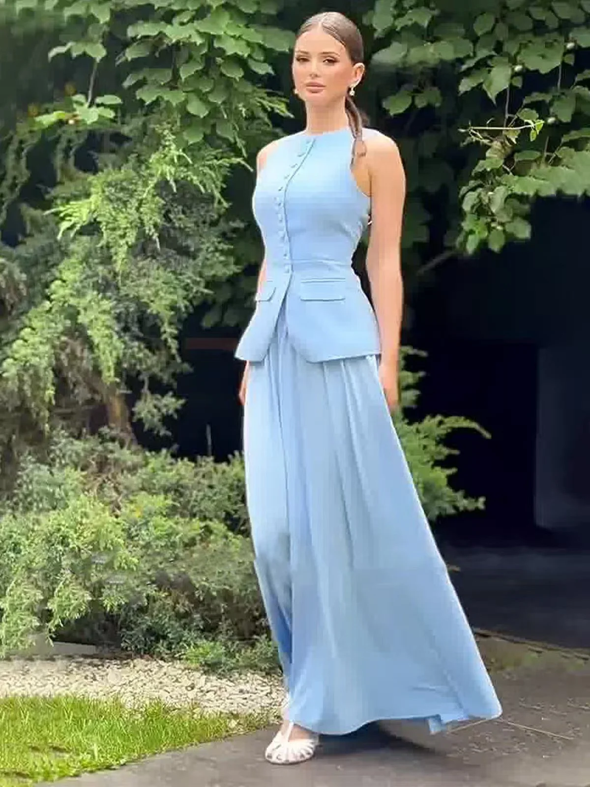 

Casual Color Sleeveless Vest And Skirt Set High Waist Midi Skirt Tank Top Two Piece Set Summer Fashion Women's Outfit