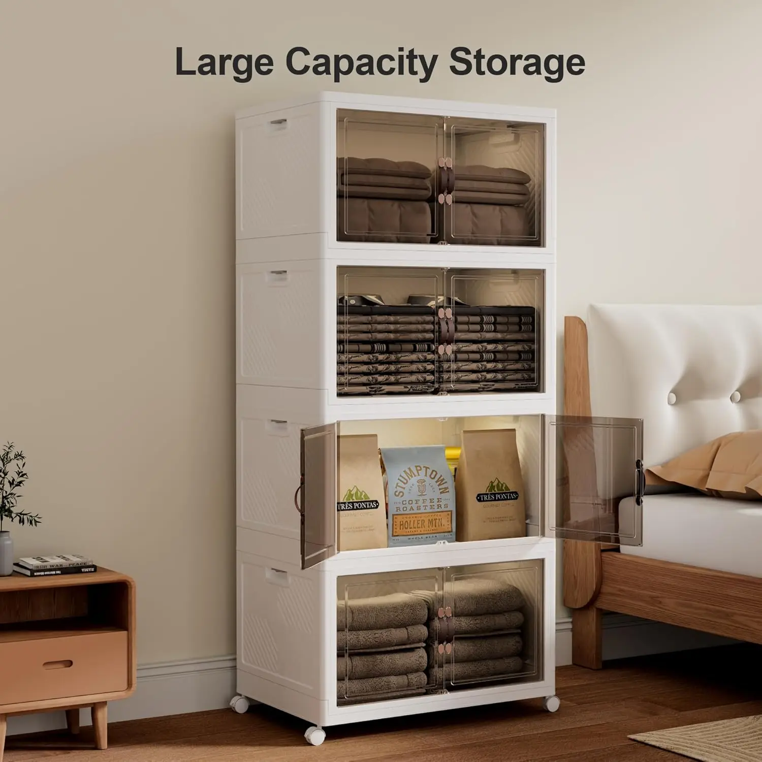 Folding Storage Bins Organizer, Collapsible Storage Boxes with Wheels and Door, Stackble Plastic Storage Container for Clothing