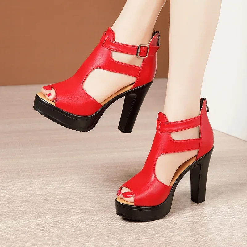 10cm Small Size 32-43 Elegant Leather Shoes Woman Block High Heels Platform Sandals 2024 Summer Gladiator Sandals Office Model