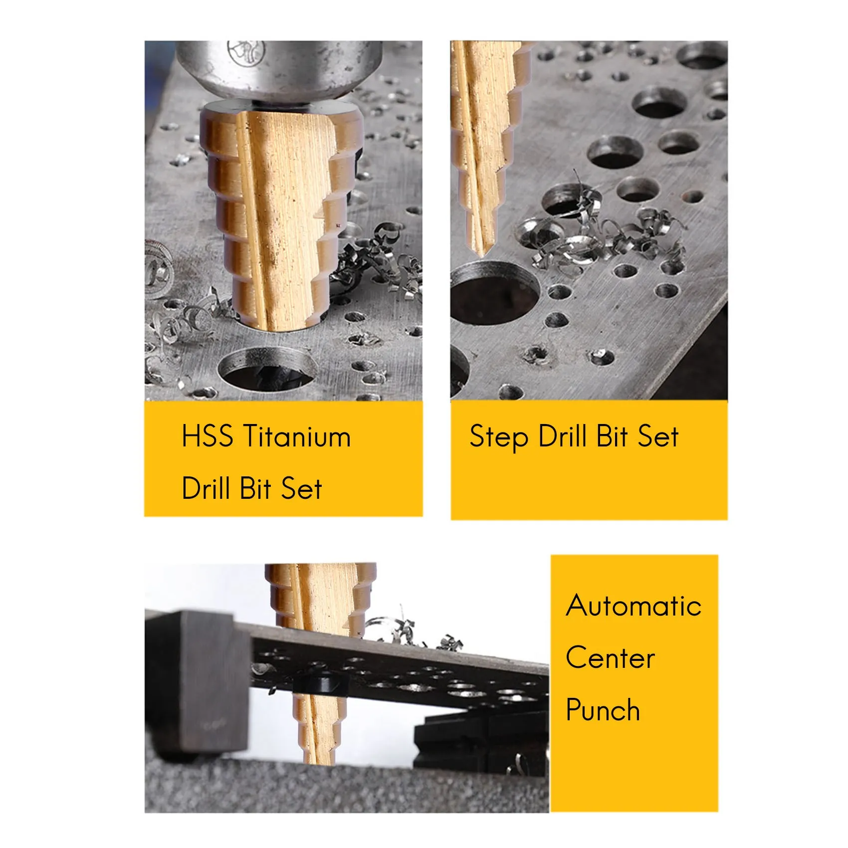 3 pcs HSS Titanium Step Drill Bit Set & 1 pcs Automatic Center