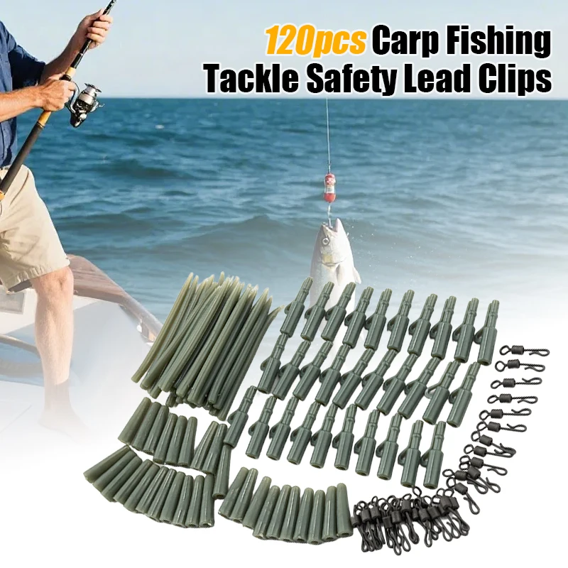 

120Pcs Quick Change Carp Fishing Terminal Tackle Safety Lead Clips with Pins, Tail Rubber Tubes & Anti Tangle Sleeves