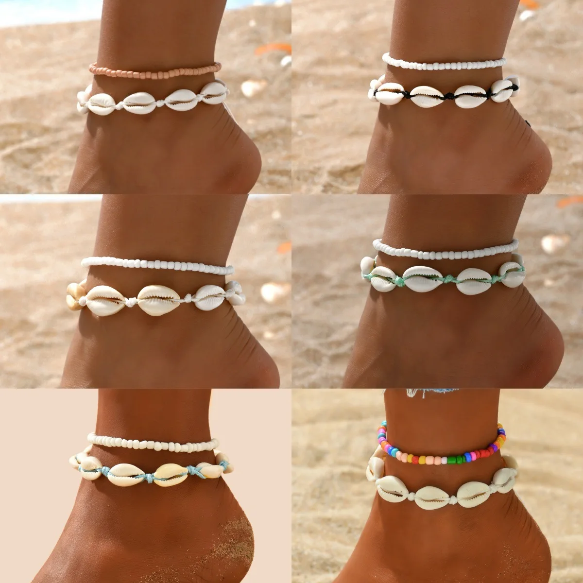 2PCS Bohemia Natural Shell Anklets For Women Small Resin Beads Summer Beach Shell Barefoot Ankle Bracelet Leg Chain Foot Jewelry