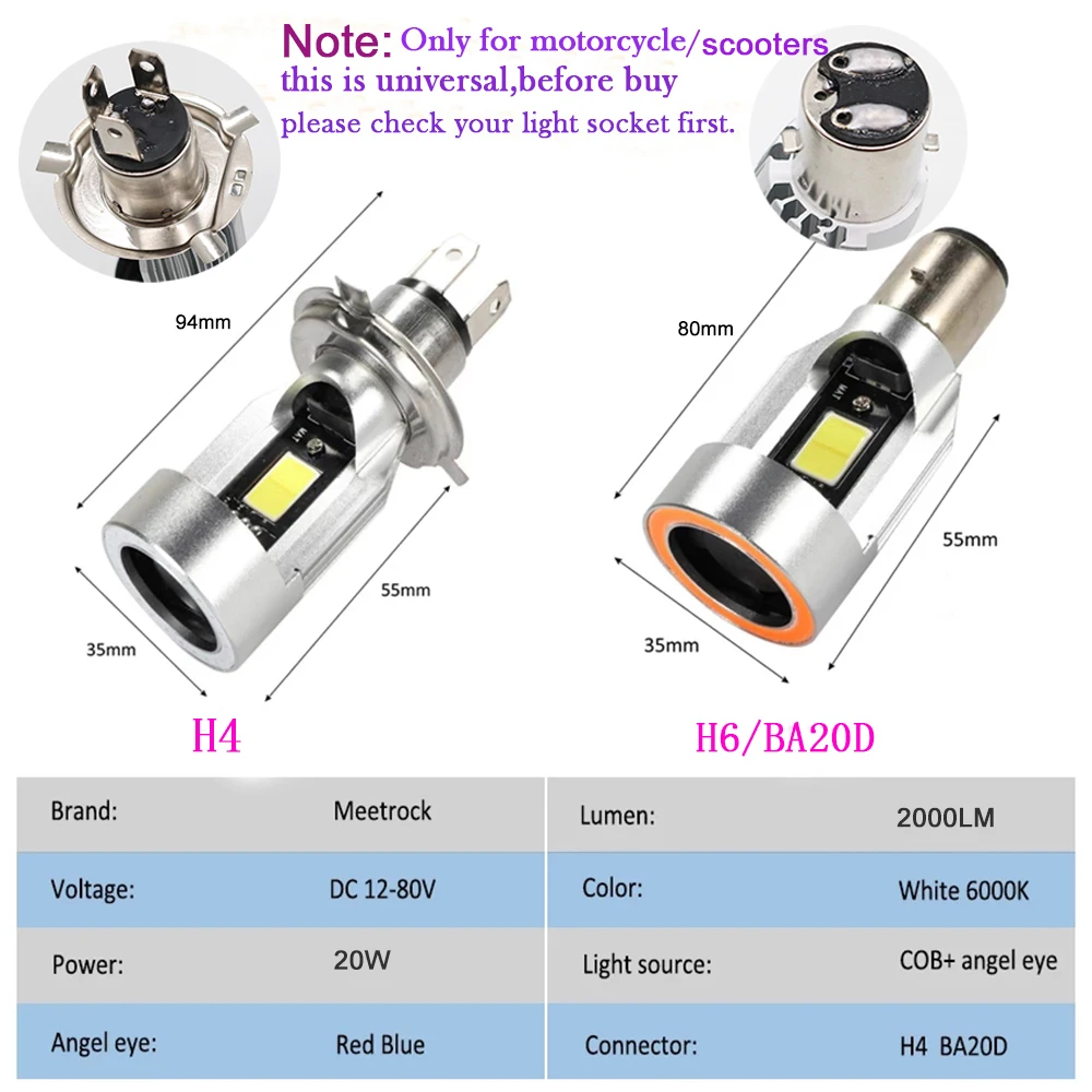 Red & Blue Angel Eye H4 LED Motorcycle Headlight BA20D H6 Scooter Bulb Light Accessories Motorbike DRL 12-80V Headlamp Lightings