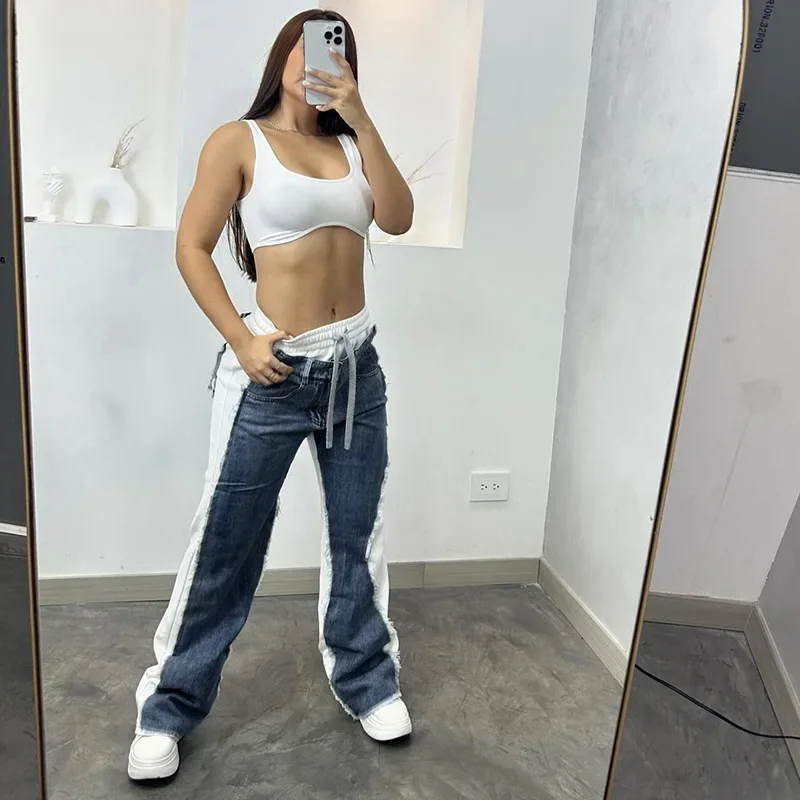 Fashion Patchwork Jeans Women Casual High Waist Straight Pants  Autumn Winter Retro Pockets Hip-hop Denim Trouser 2024 Blue