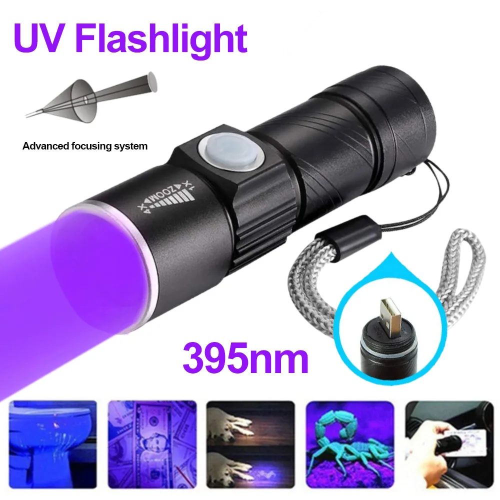 Lanterna uv portátil com zoom, luz negra ultravioleta recarregável, tocha led à prova d\'água, 3 modos uv para manchas de animais de estimação, cola