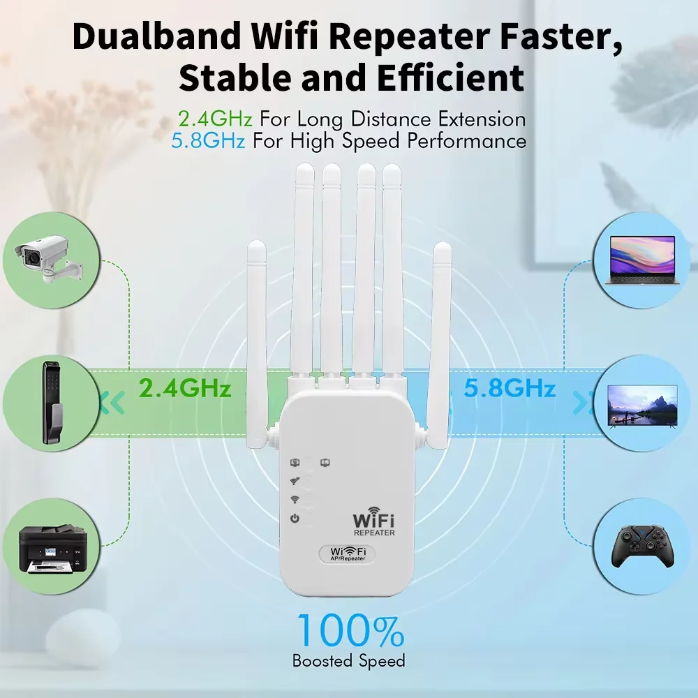 1200Mbps Dual Band WiFi Repeater 2.4G 5G WiFi Extender Signal Booster Wireless Amplifier Router for Home Office