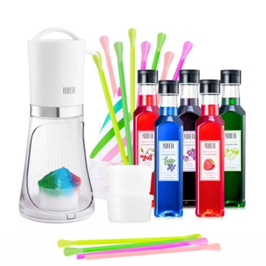 Set de Regalo Snow C hine: Kit Eléctrico para Hacer Hielo Raspado y 5 Sabores de Sirope - Incluye 25 Tazas, 25 Pajitas y 4 Moldes para Hielo, para Preparar Postres