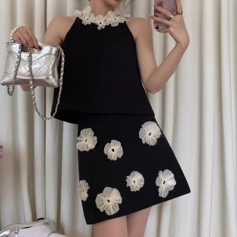 2024 Summer New French Elegant Immortal Wealth Gang Gold Flower Tank Top Skirt Set  women tops  corset top