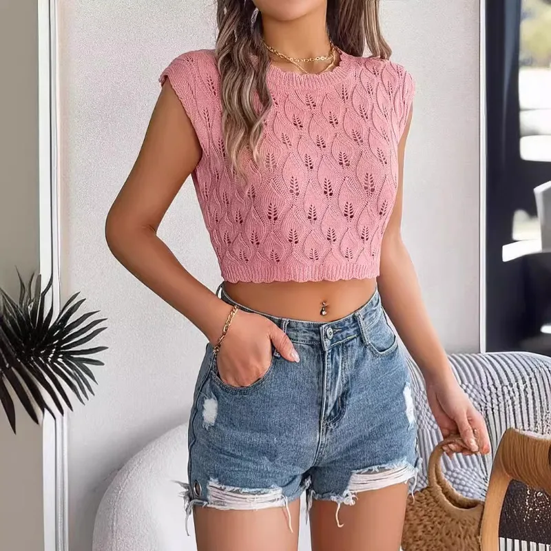 Spring Summer Casual Heart Hollow Out Sleeveless Knitted Tops Fashion Sleeveless O-Neck Summer Short Knitwear Pullover Vest