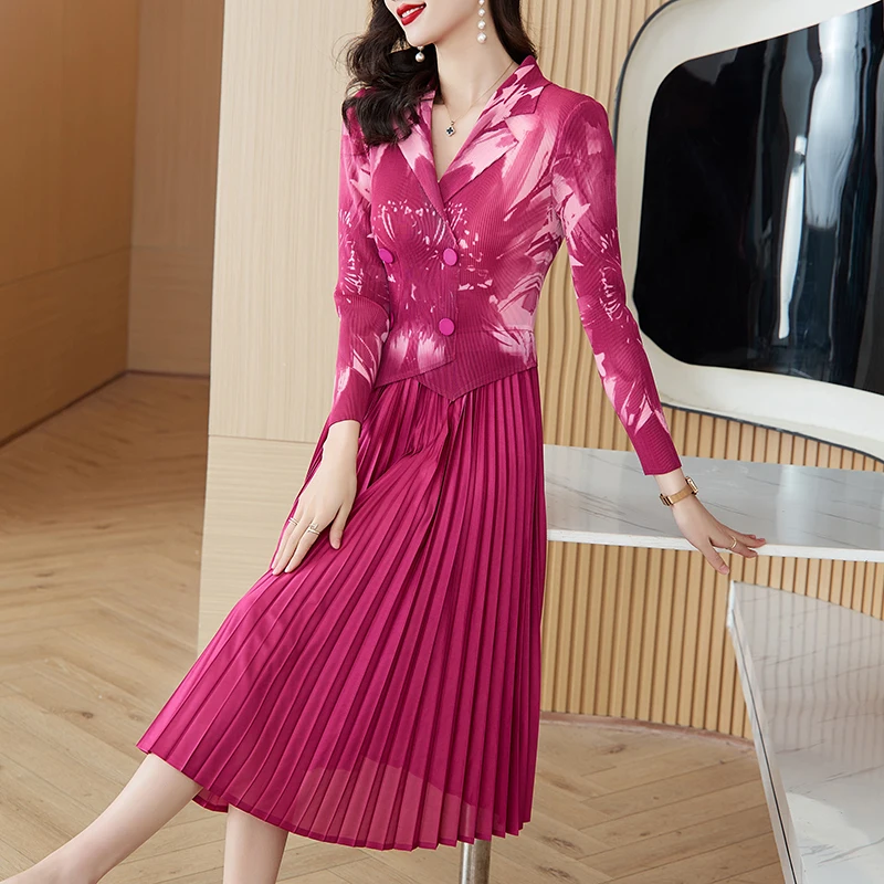 Autumn's Newest Chic Look Light French-Inspired Rose Print Blazer Pleated A-line Skirt Seamlessly Blended Fake Two-Piece Dress